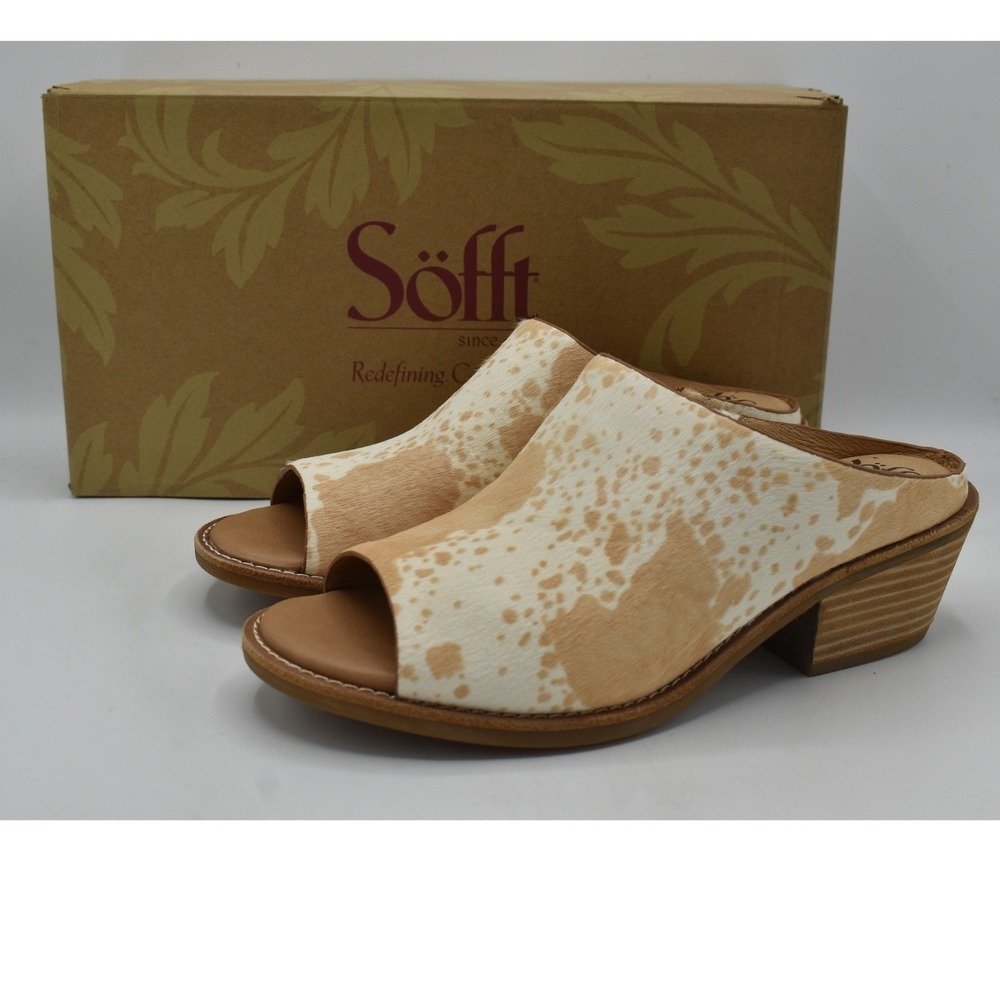 Sofft Women Size 8.5 Aneesa Caramel White Animal Print Mules Sandals Shoes